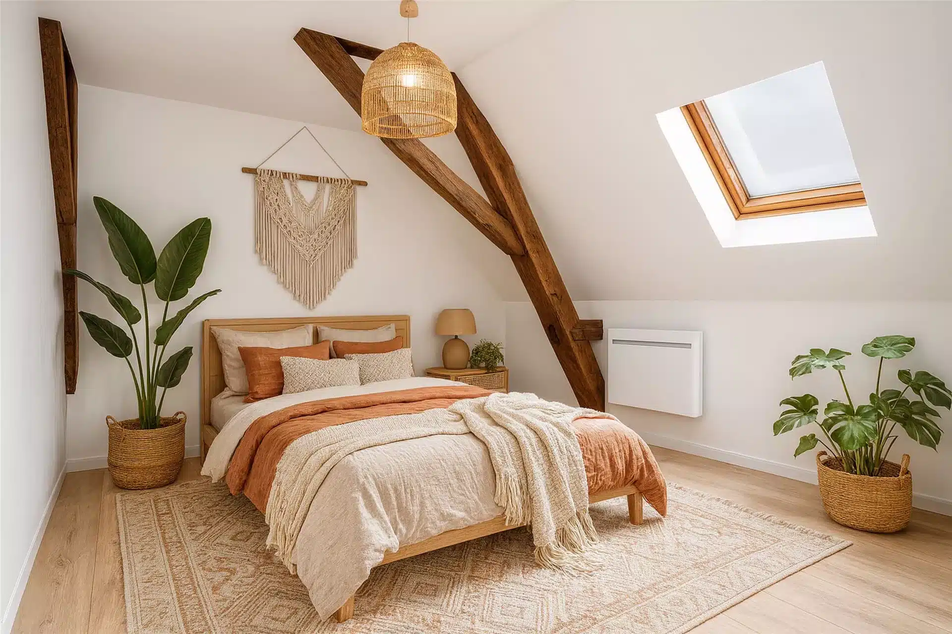 Après home staging virtuel chambre mansardée - poutres apparentes et décoration bohème terracotta, bien immobilier valorisé avant vente - Maisons Alfort 94700