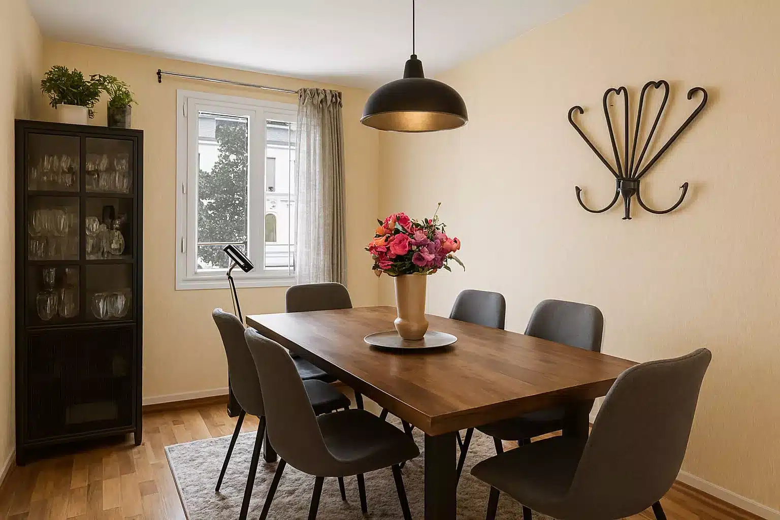 Après home staging virtuel salle à manger - style contemporain avec table bois foncé et suspension noire, bien immobilier valorisé avant vente