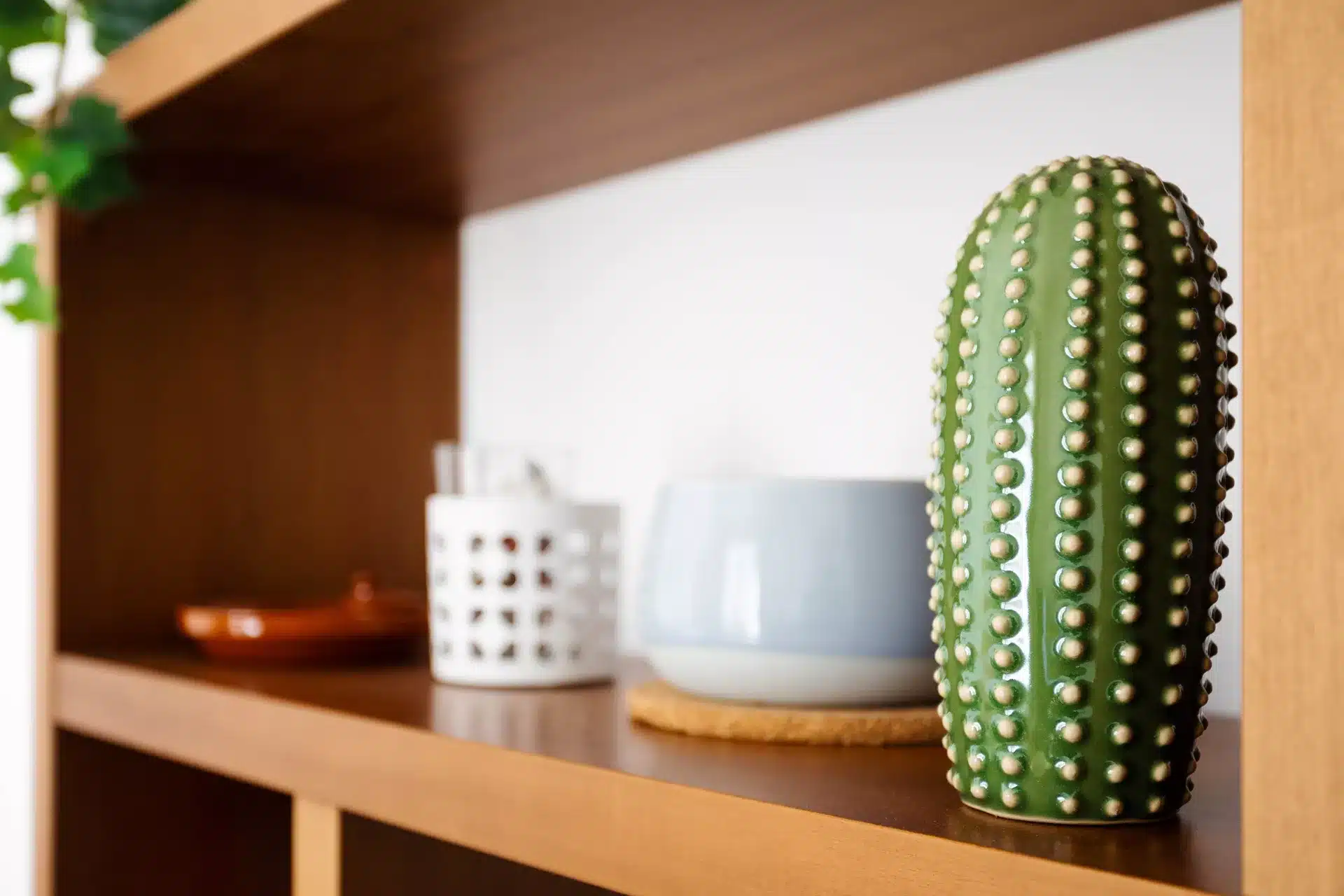 Photo immobilière - détail étagère déco vase cactus céramique verte et objets artisanaux – appartement Paris 15ème 75015