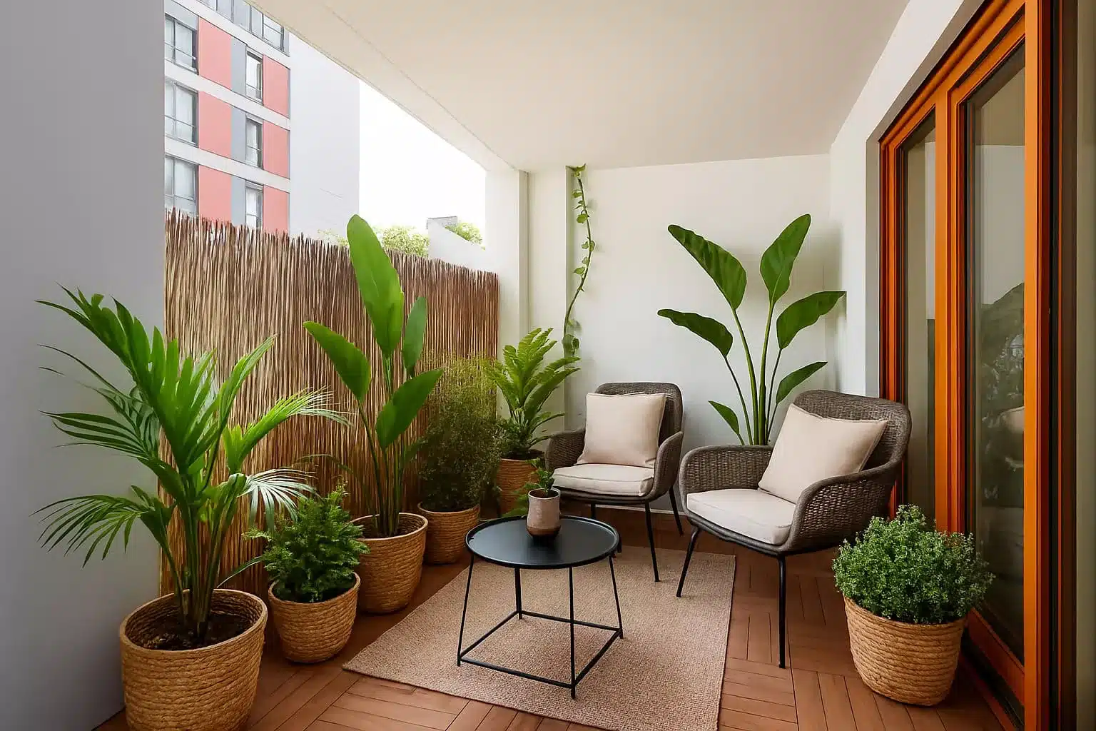 Home staging virtuel balcon à Asnières-sur-Seine 92600 - salon d'extérieur avec plantes tropicales et mobilier rotin, simulation avant vente