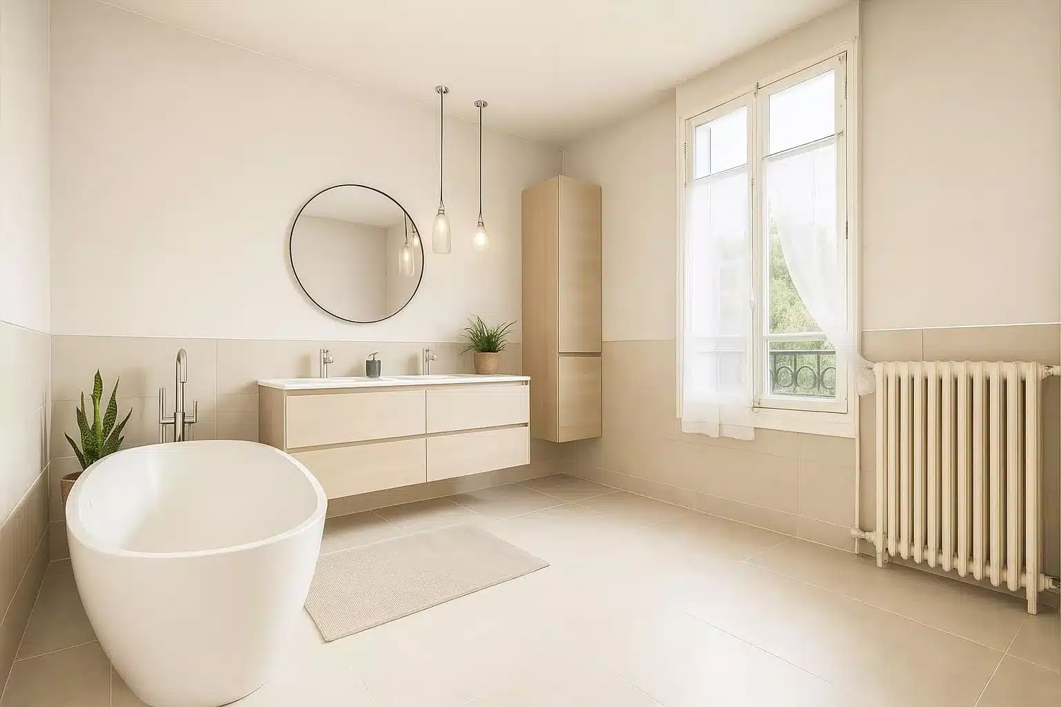 Relooking virtuel virtuel salle de bain - baignoire îlot et double vasque bois clair, rendu 3D réaliste avant vente