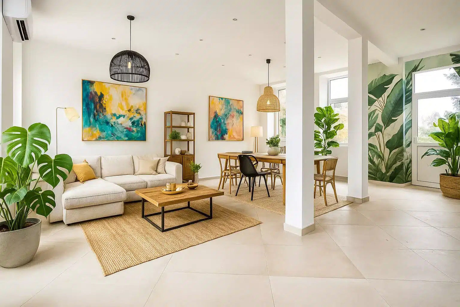 Simulation home staging virtuel salon séjour tropical à Champigny-sur-Marne - espace ouvert lumineux avec plantes et tableaux colorés, Val-de-Marne